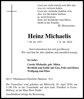 Traueranzeige von Heinz Michaelis von Tageszeitung