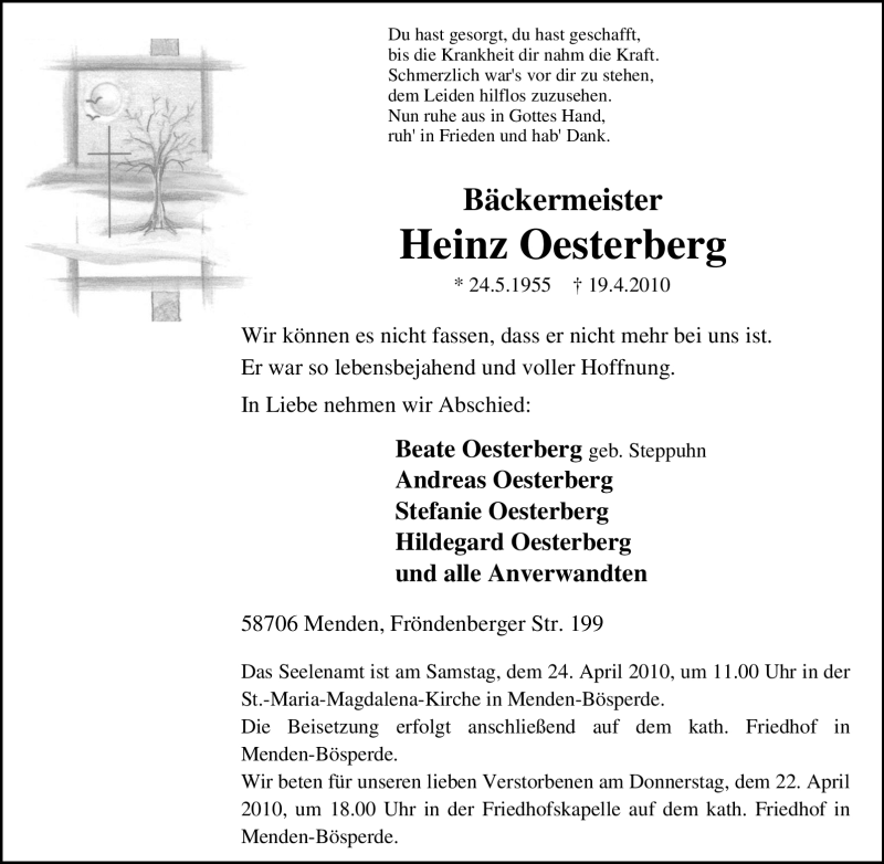  Traueranzeige für Heinz Oesterberg vom 21.04.2010 aus Tageszeitung