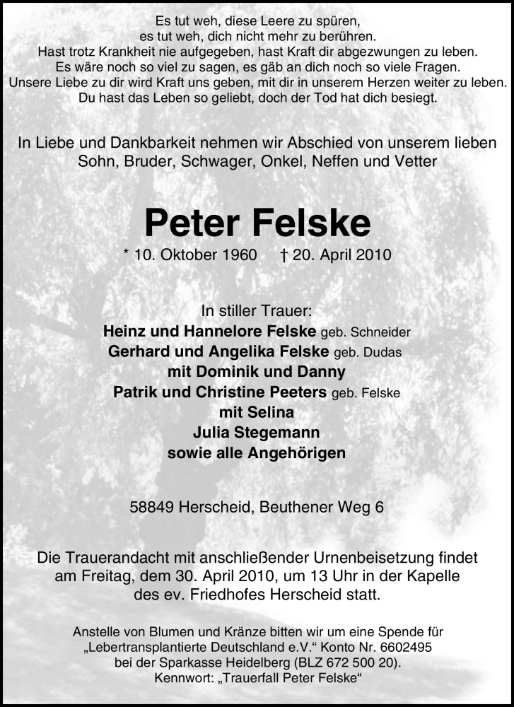  Traueranzeige für Peter Felske vom 24.04.2010 aus Tageszeitung