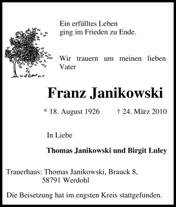 Traueranzeige von Franz Janikowski von Tageszeitung