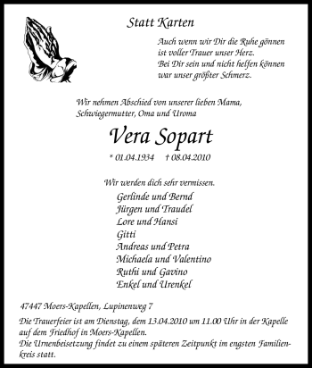 Traueranzeige von Vera Sopart von Tageszeitung