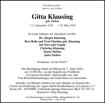Traueranzeige von Gitta Klausing von Tageszeitung