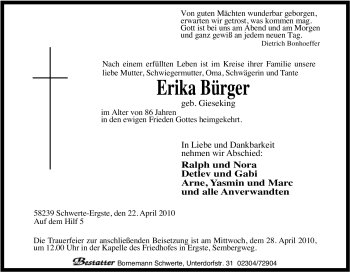 Traueranzeige von Erika Bürger von Tageszeitung