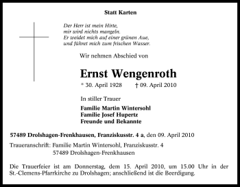 Traueranzeige von Ernst Wengenroth von Tageszeitung