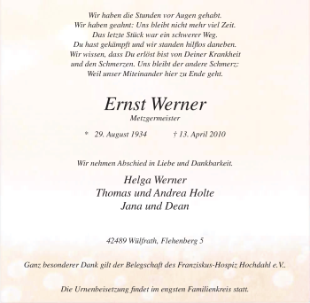 Traueranzeige von Ernst Werner von Tageszeitung