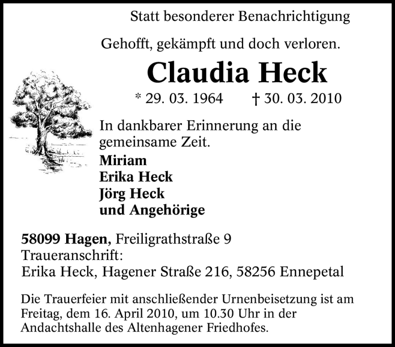  Traueranzeige für Claudia Heck vom 13.04.2010 aus Tageszeitung