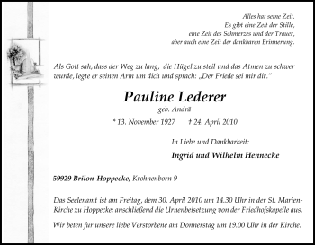 Traueranzeige von Pauline Lederer von Tageszeitung