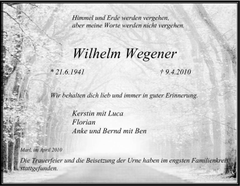 Traueranzeige von Wilhelm Wegener von Tageszeitung