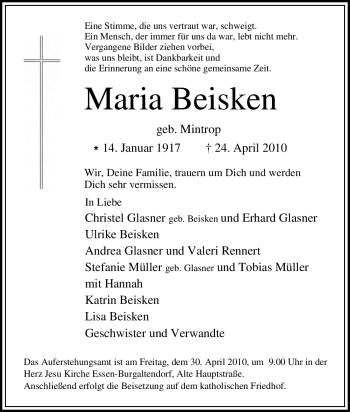 Traueranzeige von Maria Beisken von Tageszeitung
