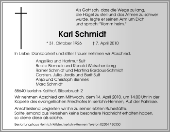 Traueranzeige von Karl Schmidt von Tageszeitung