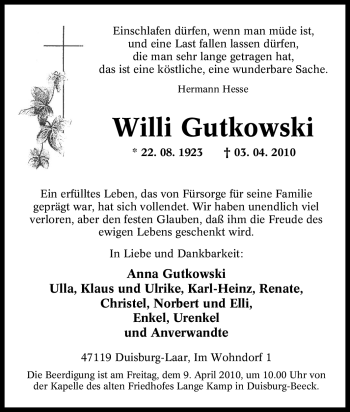 Traueranzeige von Willi Gutkowski von Tageszeitung