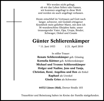 Traueranzeige von Günter Schlierenkämper von Tageszeitung