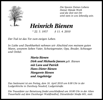 Traueranzeige von Heinrich Bienen von Tageszeitung