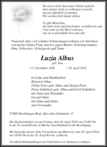 Traueranzeige von Luzia Albus von Tageszeitung