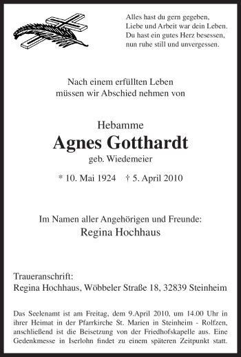 Traueranzeige von Agnes Gotthardt von Tageszeitung