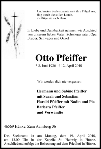 Traueranzeige von Otto Pfeiffer von Tageszeitung