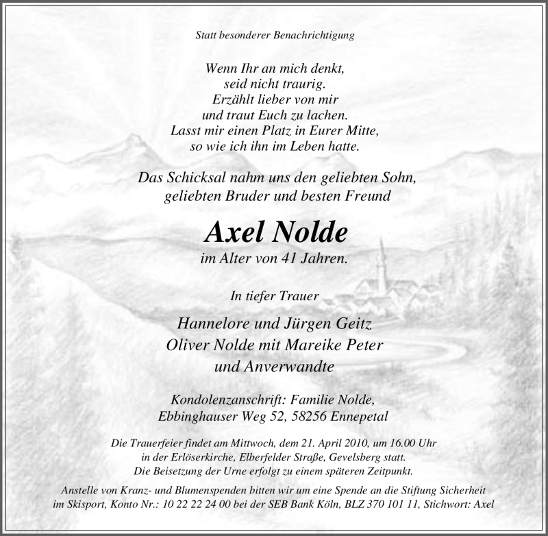  Traueranzeige für Axel Nolde vom 17.04.2010 aus Tageszeitung