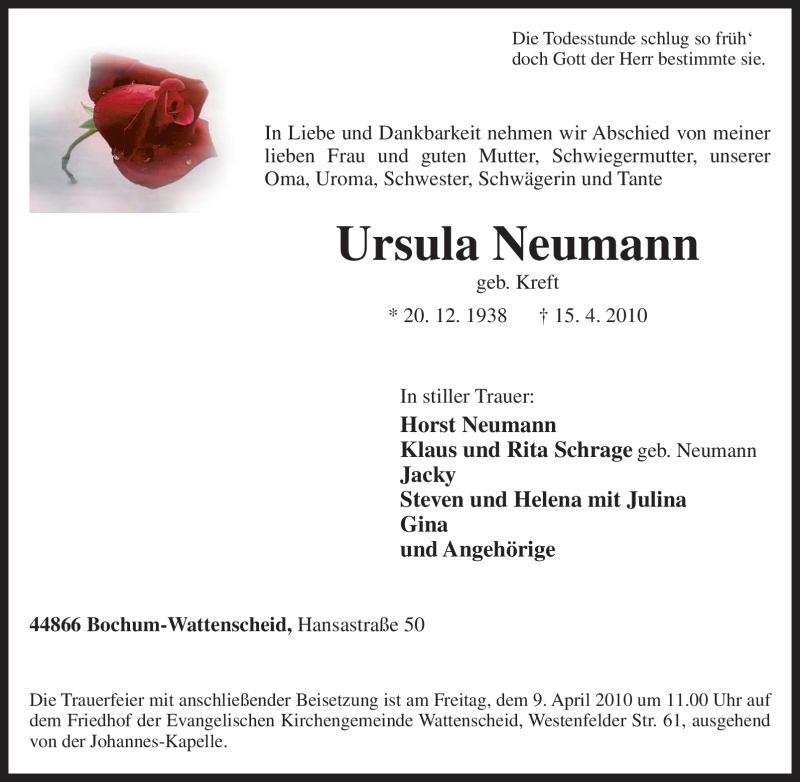  Traueranzeige für Ursula Neumann vom 07.04.2010 aus Tageszeitung