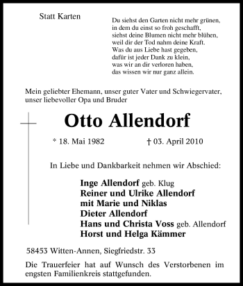 Traueranzeige von Otto Allendorf von Tageszeitung