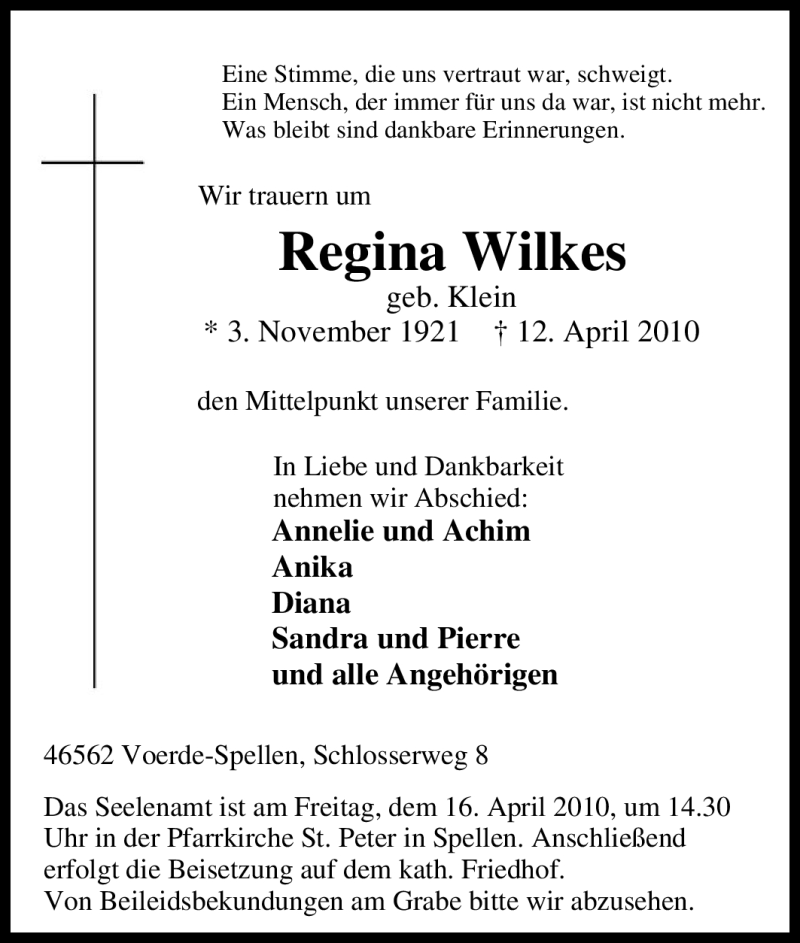  Traueranzeige für Regina Wilkes vom 14.04.2010 aus Tageszeitung