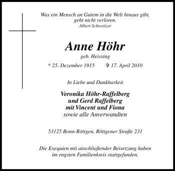 Traueranzeige von Anne Höhr von Tageszeitung