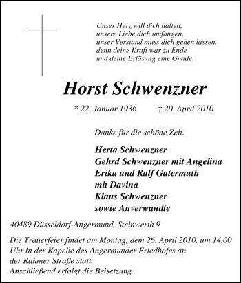 Traueranzeige von Horst Schwenzner von Tageszeitung