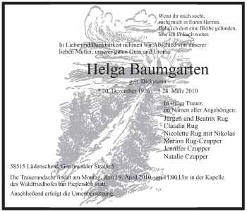 Traueranzeige von Helga Baumgarten von Tageszeitung