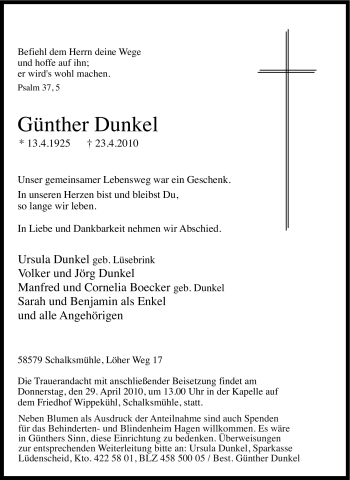 Traueranzeige von Günther Dunkel von Tageszeitung