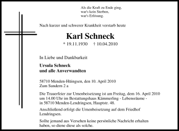 Traueranzeige von Karl Schneck von Tageszeitung