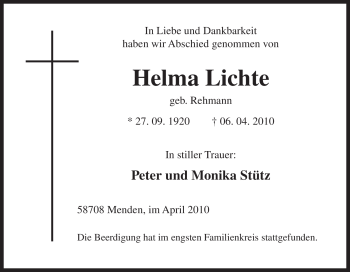 Traueranzeige von Helma Lichte von Tageszeitung