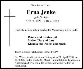 Traueranzeige von Erna Jenke von Tageszeitung