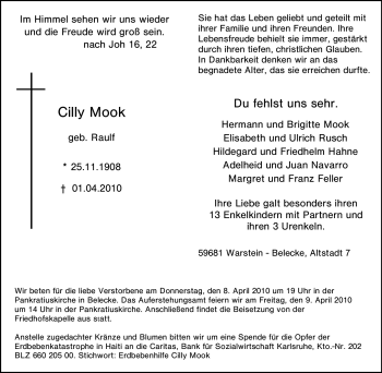Traueranzeige von Cilly Mook von Tageszeitung