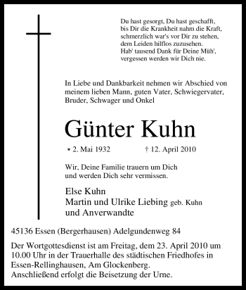 Traueranzeige von Günter Kuhn von Tageszeitung