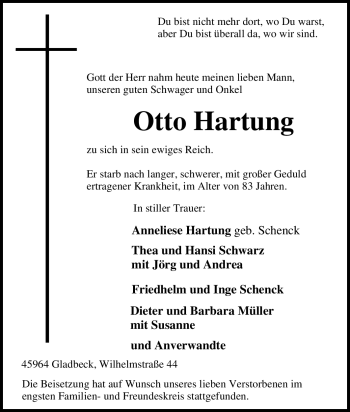 Traueranzeige von Otto Hartung von Tageszeitung