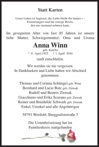 Traueranzeige von Anna Winn von Tageszeitung