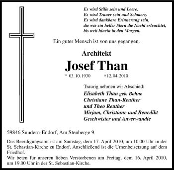 Traueranzeige von Josef Than von Tageszeitung