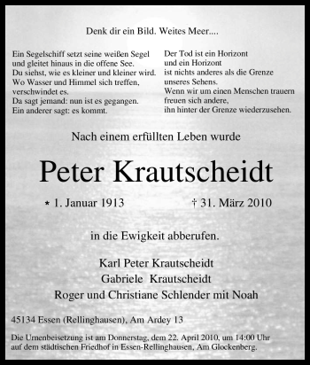 Traueranzeige von Peter Krautscheidt von Tageszeitung