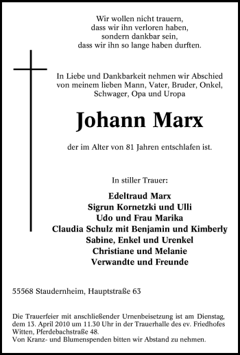 Traueranzeige von Johann Marx von Tageszeitung