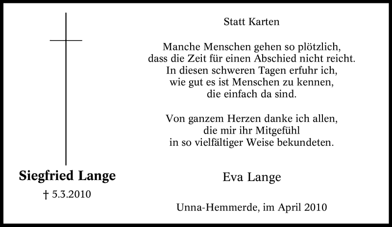 Traueranzeige für Siegfried Lange vom 03.04.2010 aus Tageszeitung