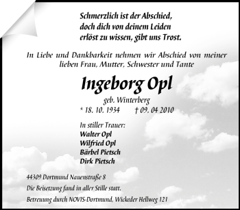 Traueranzeige von Ingeborg Opl von Tageszeitung