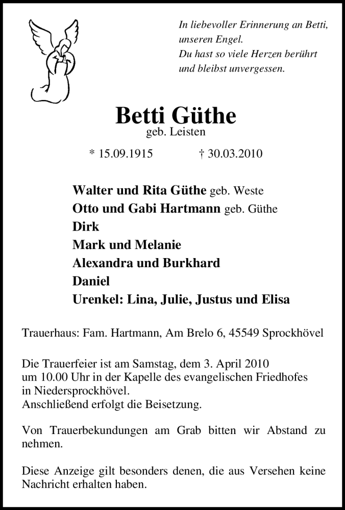  Traueranzeige für Betti Güthe vom 01.04.2010 aus Tageszeitung