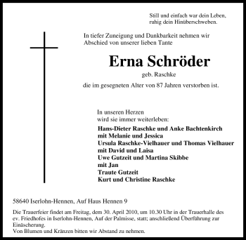 Traueranzeige von Erna Schröder von Tageszeitung
