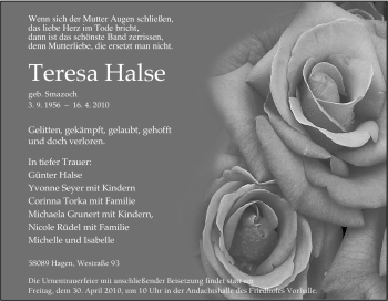 Traueranzeige von Teresa Halse von Tageszeitung