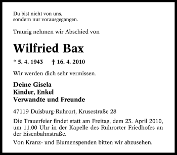 Traueranzeige von Wilfried Bax von Tageszeitung