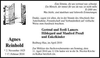 Traueranzeige von Agnes Reinhold von Tageszeitung