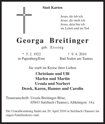 Traueranzeige von Georga Breitinger von Tageszeitung