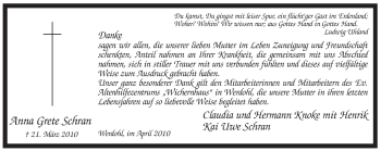 Traueranzeige von Anna Grete Schran von Tageszeitung