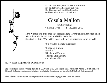 Traueranzeige von Gisela Mallon von Tageszeitung