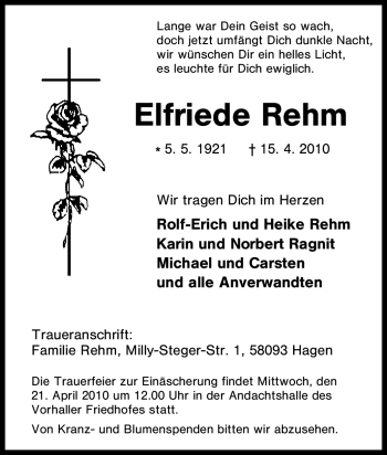 Traueranzeige von Elfriede Rehm von Tageszeitung