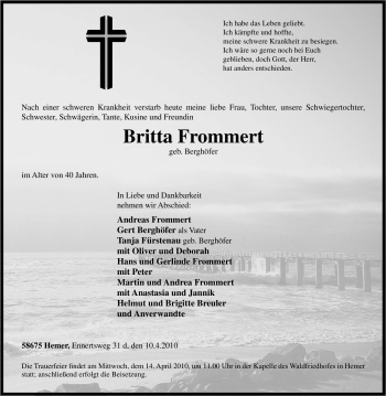 Traueranzeige von Britta Frommert von Tageszeitung